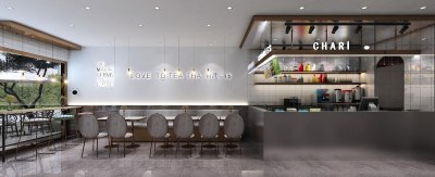 现代轻奢奶茶店门头外立面外景设备不锈钢香槟金吧台3D模型下载